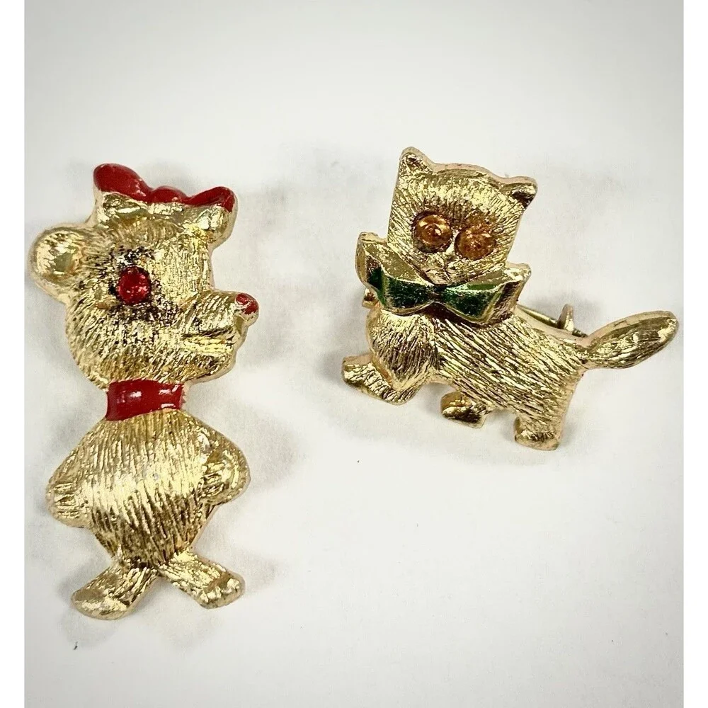Vintage Hong Kong Cat Bear Brooch Pin Lot Gold Tone Rhinestone Enamel
